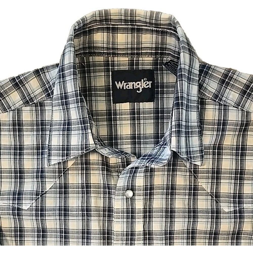WRANGLER Western Pearl Snap Shirt Men's Medium Blue Plaid Long Sleeve Rodeo
